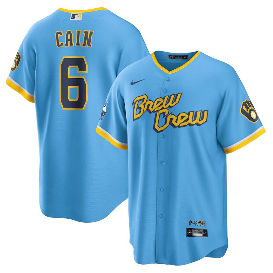 Custom Men Milwaukee Brewers #6 Lorenzo Cain Nike Powder Blue 2022 City Connect Replica Player MLB Jersey